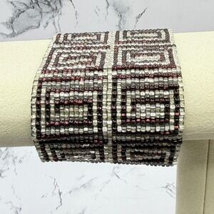 Wide Beaded Bracelet Burgundy White Geometric Tribal Pattern 7"